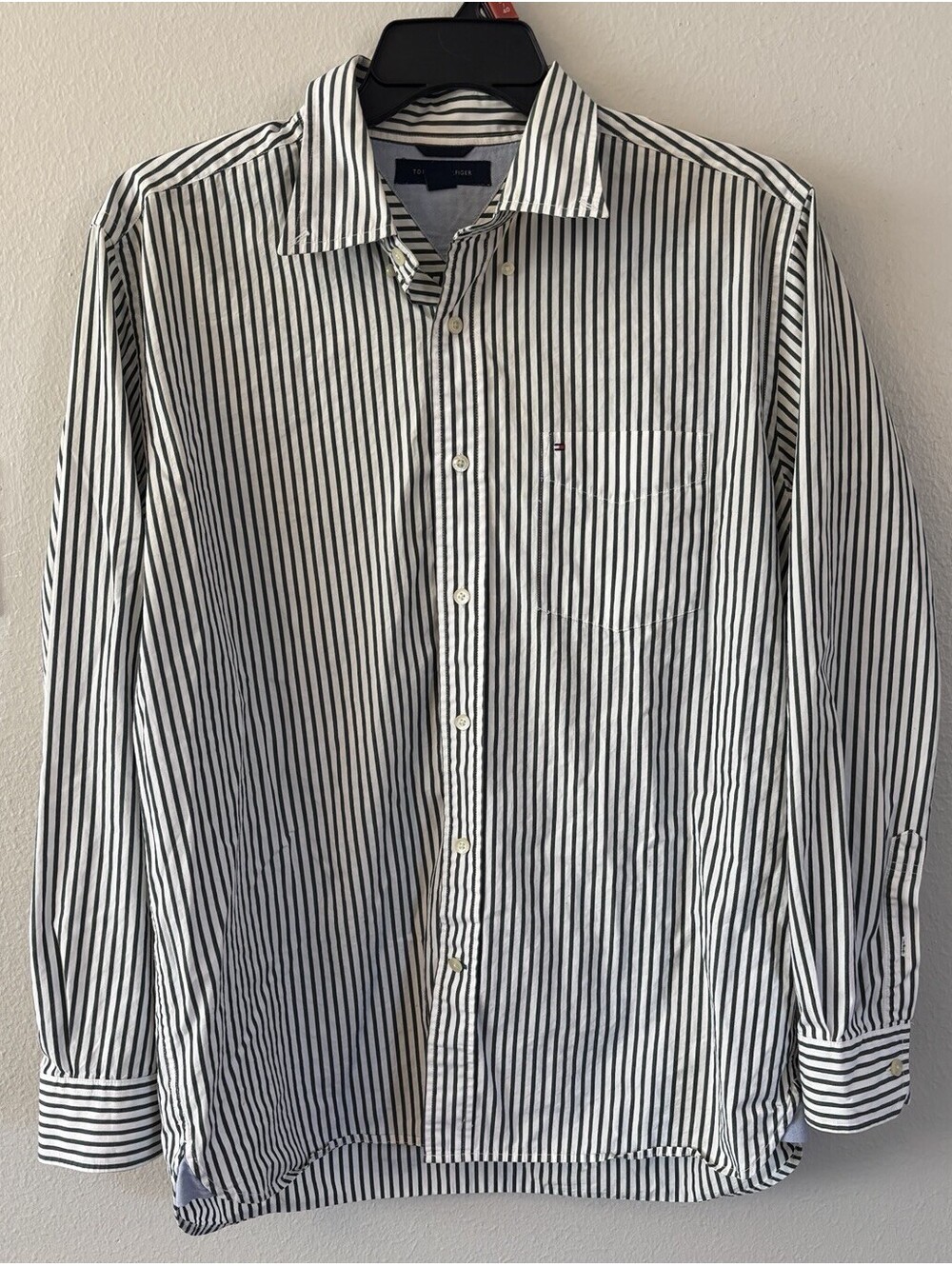 Tommy Hilfiger Mens Green Striped Long Sleeve Button Up Dress Casual Shirt Large